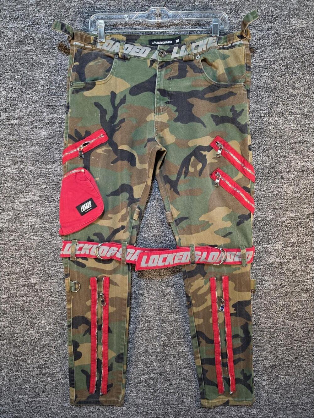 Locked & Loaded Men's Camo Cargo Pants 38W Slim Skinny Denim Stretch Red Zips